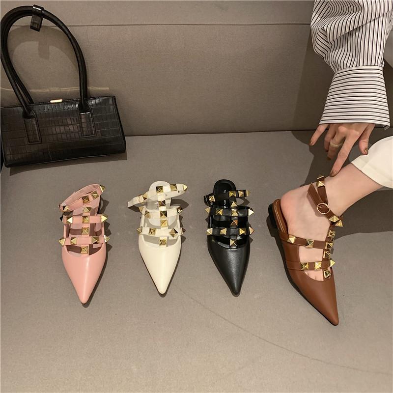 

Spring new pointed big rivet single shoes bag head half drag women s outer wear fashion sandals shoes willow 35 білий