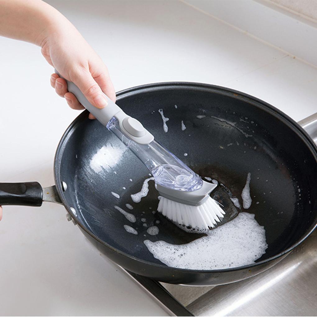 2-In-1 Plate Kitchen Cleaning Brush Removable Head Sponge Tools Dish Long Handle Scrubber Dispenser Pot Sink Household