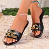 Fashion 2025 New Fashion Women Slippers Square Toe Chain Slippers Flat Beach Sandals  Metal Decoration Casual Shoes Home Slides Women