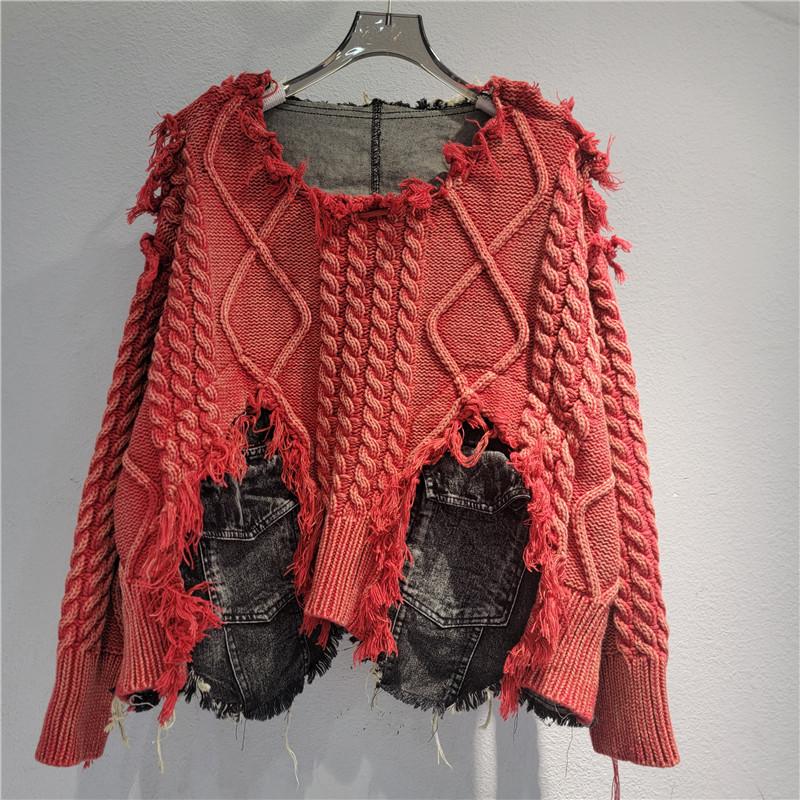 Women Irregular Do Old Pullover Patchwork Pockets Design Vintage Washed Denim Sweater