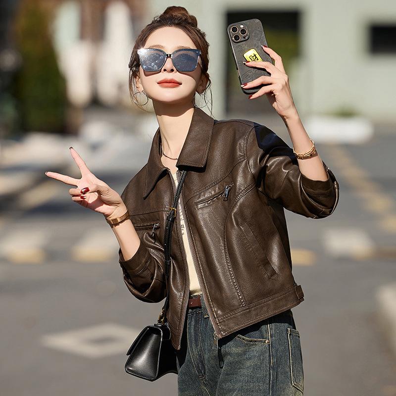 Women's Slim Fit Sheepskin Leather Jacket - Spring/Autumn 2025 Korean Style Petite Short Coat