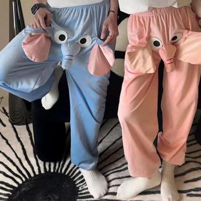 Çizgi Film Fil Desenli Pijama Pantolonu Geniş Bacak Tasarım Kadın Erkek Ev Giyimi