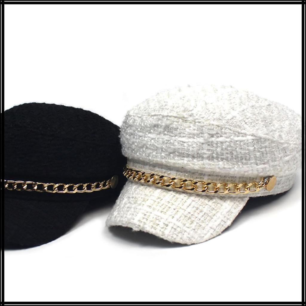 Marine Cap Tweed Newsboy Cap Black White Hat for Going Out Travel CZ308 [White Fang] Women's (White)
