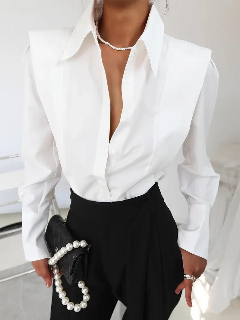 Women s Short Sleeve Structured Ruffle Shoulder V-Neck Blouse for Work S белый