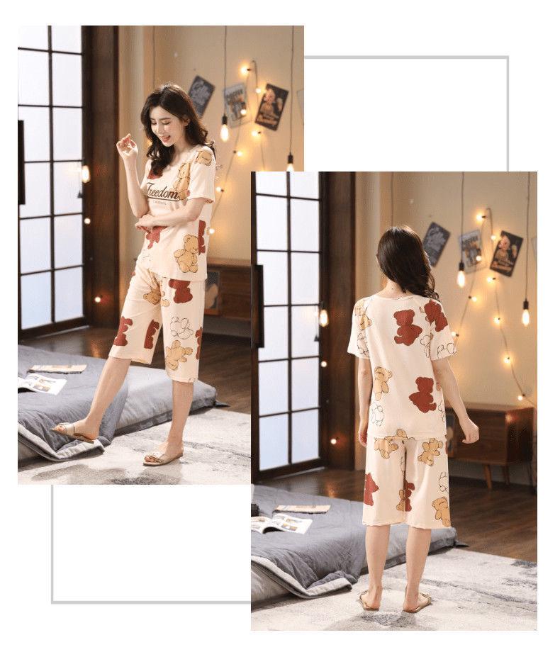 Women's Summer Korean Cartoon Pajama Set - Short-Sleeved Top with Seven-Point Pants