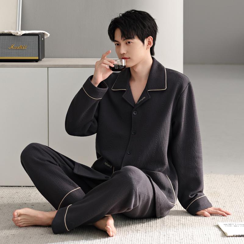 Pajamas Men'S Spring And Autumn Thickened Pure Cotton Long Sleeve Men'S Autumn And Winter Air Cotton Mezzanine Thin Cotton Loungewear
