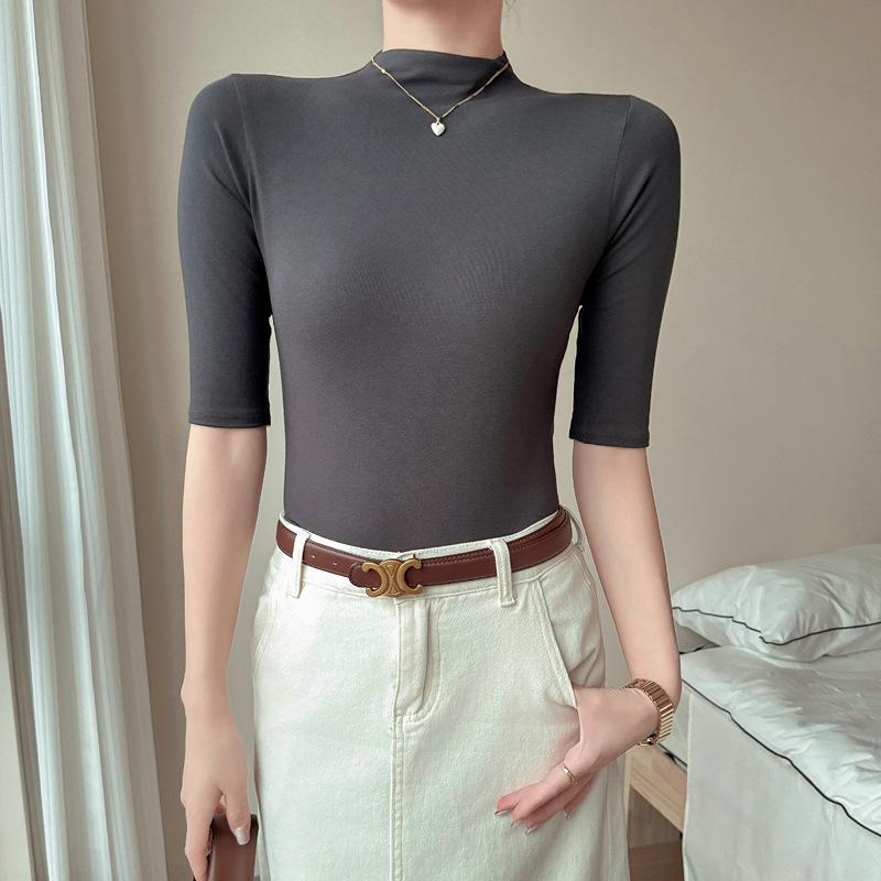 Primavera e Autunno Modal Dolcevita a Mezza Manica a Tre Quarti Spalla Destra T-shirt Taglia Grande da Donna Stile Coreano Design Top Camicia da Sovrapposizione Interna
