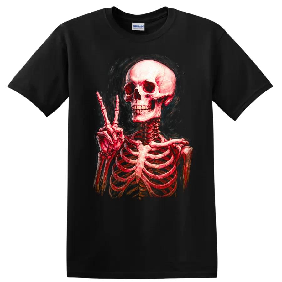 Red Skeleton Peace Sign Graphic T Shirt for Halloween Party Tee