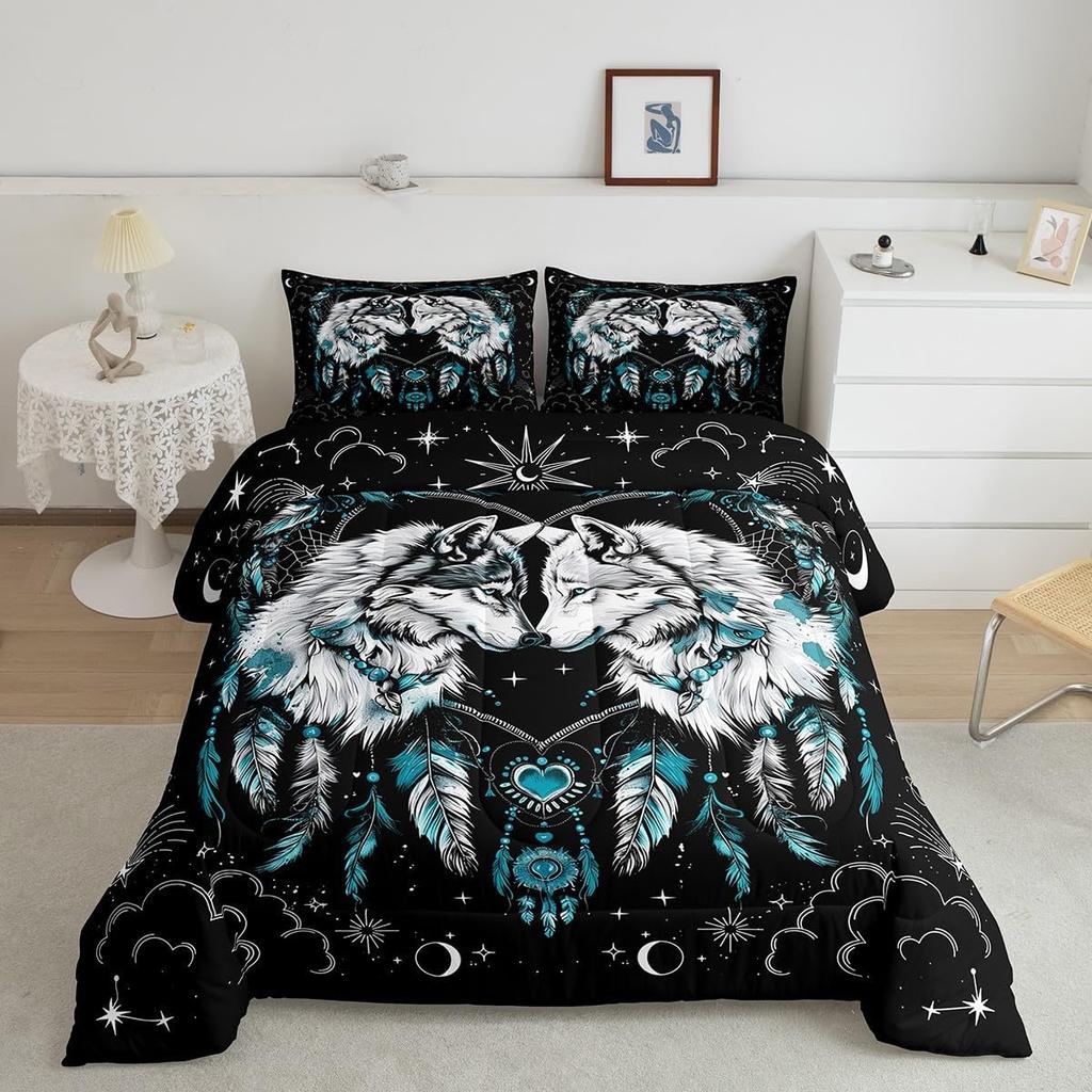 2/3pcs Wolf Kids Comforter Set King SizeStars Sun Moon Love Heart Dreamcatcher Romantic Boho Bedding SetBoys Girls Room Decor