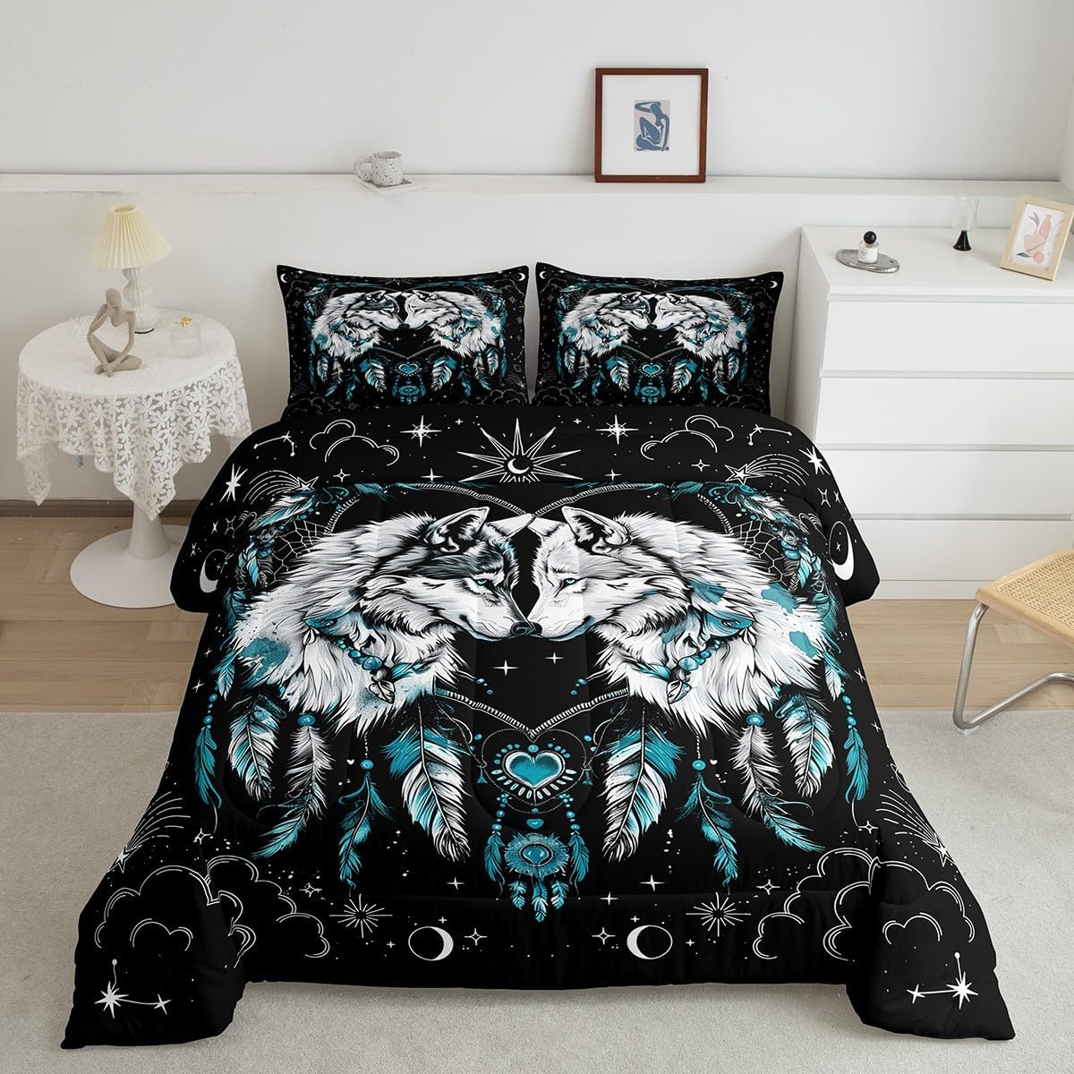 

2/3pcs Wolf Kids Comforter Set King SizeStars Sun Moon Love Heart Dreamcatcher Romantic Boho Bedding SetBoys Girls Room Decor EU Twin(135x200cm)