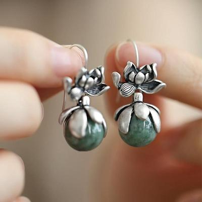 925 Sterling Silver Ethnic Style Good Fortune Lotus Flower Dangle Earrings for Women