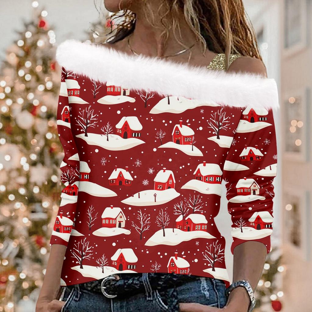 Women's And Winter Long Sleeved Single Shoulder Strap Christmas Print Pullover Top