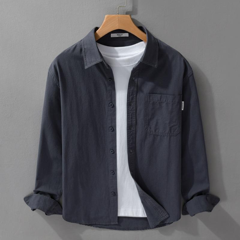 Koszule z długim rękawem na wiosnę i lato dla mężczyzn Codzienny jednolity kolor Casual Top Kołnierz z klapami 100 bawełny Guziki Koszula Prosty styl Odzież męska