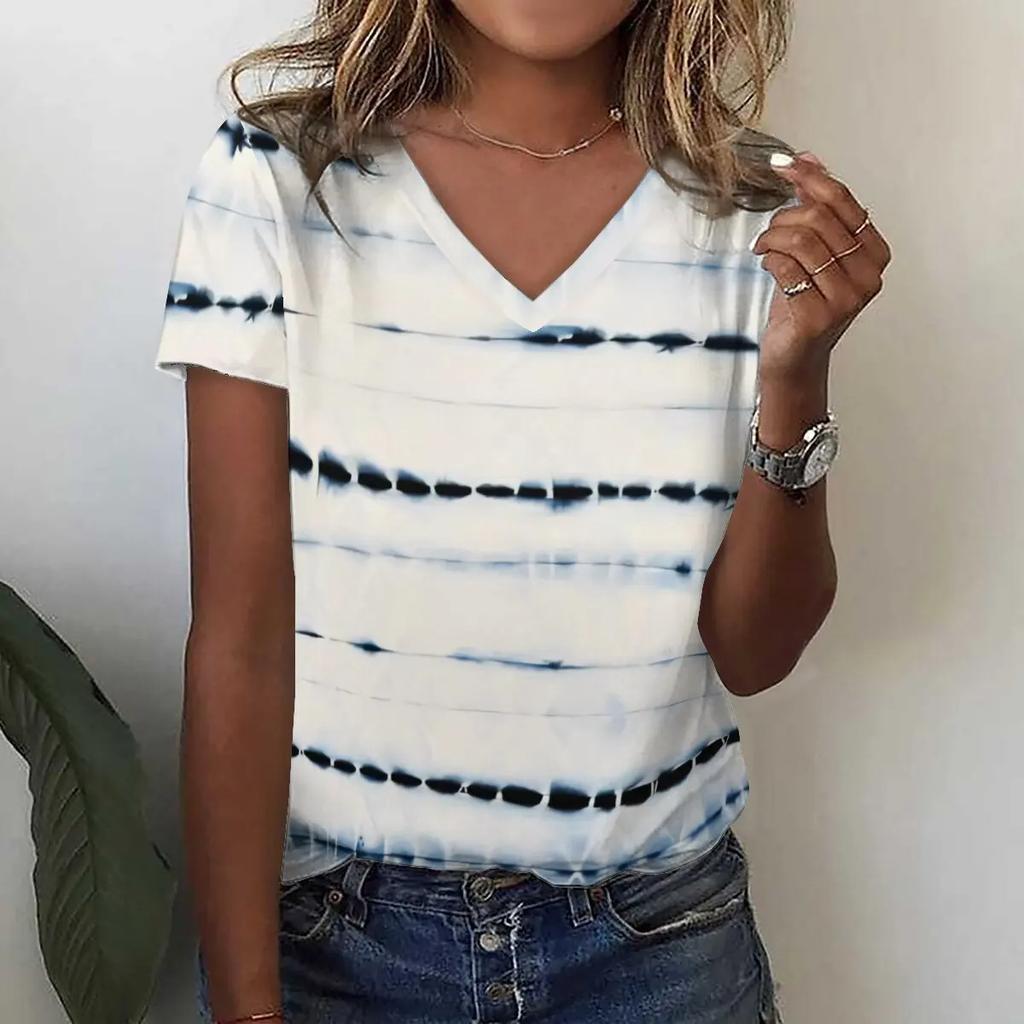 Summer Round Neck 3D Stripe Print T-shirts Fashionable Casual Short Sleeved Women's T-shirts