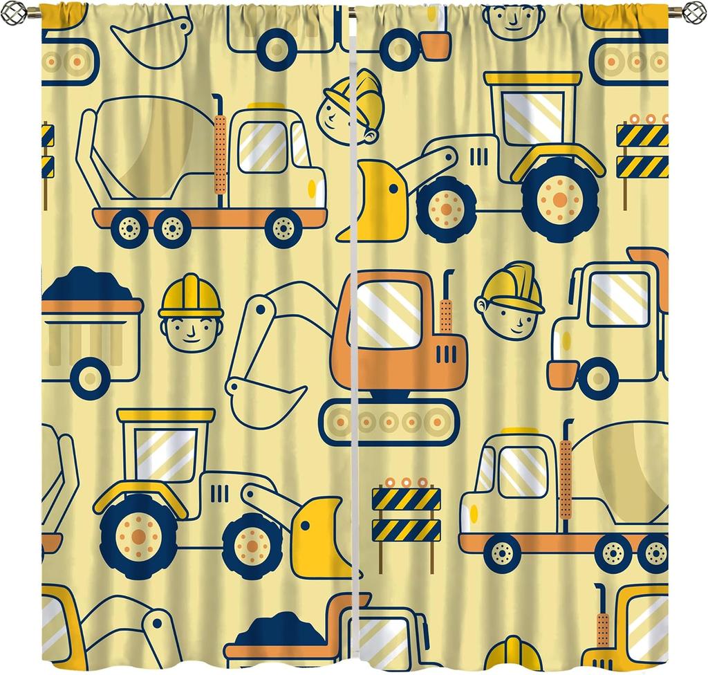 Dinosaur Construction Curtains For Boys,Cartoon Forest Architectural Site Dinosaur Excavator Tractor Truck Window Drapes Print