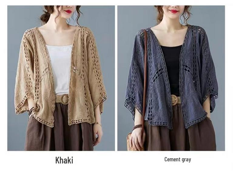Korean-Style Women's Hollow Lace Batwing Sleeve Cotton Cardigan - Summer Retro Long Sleeve Top