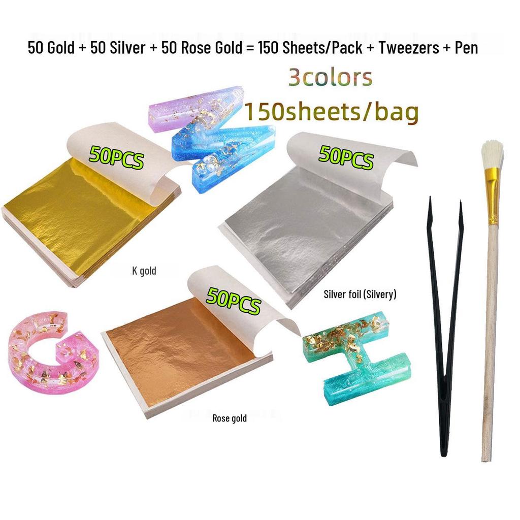 Taiwan Three-Color Imitation Gold Leaf: DIY Colored Foil Epoxy K Gold, Silver, Rose Gold Sheets (90-150/Pack)