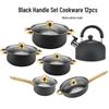 Stainless Steel Non-stick Cookware Set with Gold Handles, 12 PCS - Includes Soup Pot, Frying Pan, Steamer Basket.
