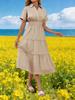 Womens V Neck Smocked Maxi Dress Short Sleeve Flowy Tiered Dress With Pockets