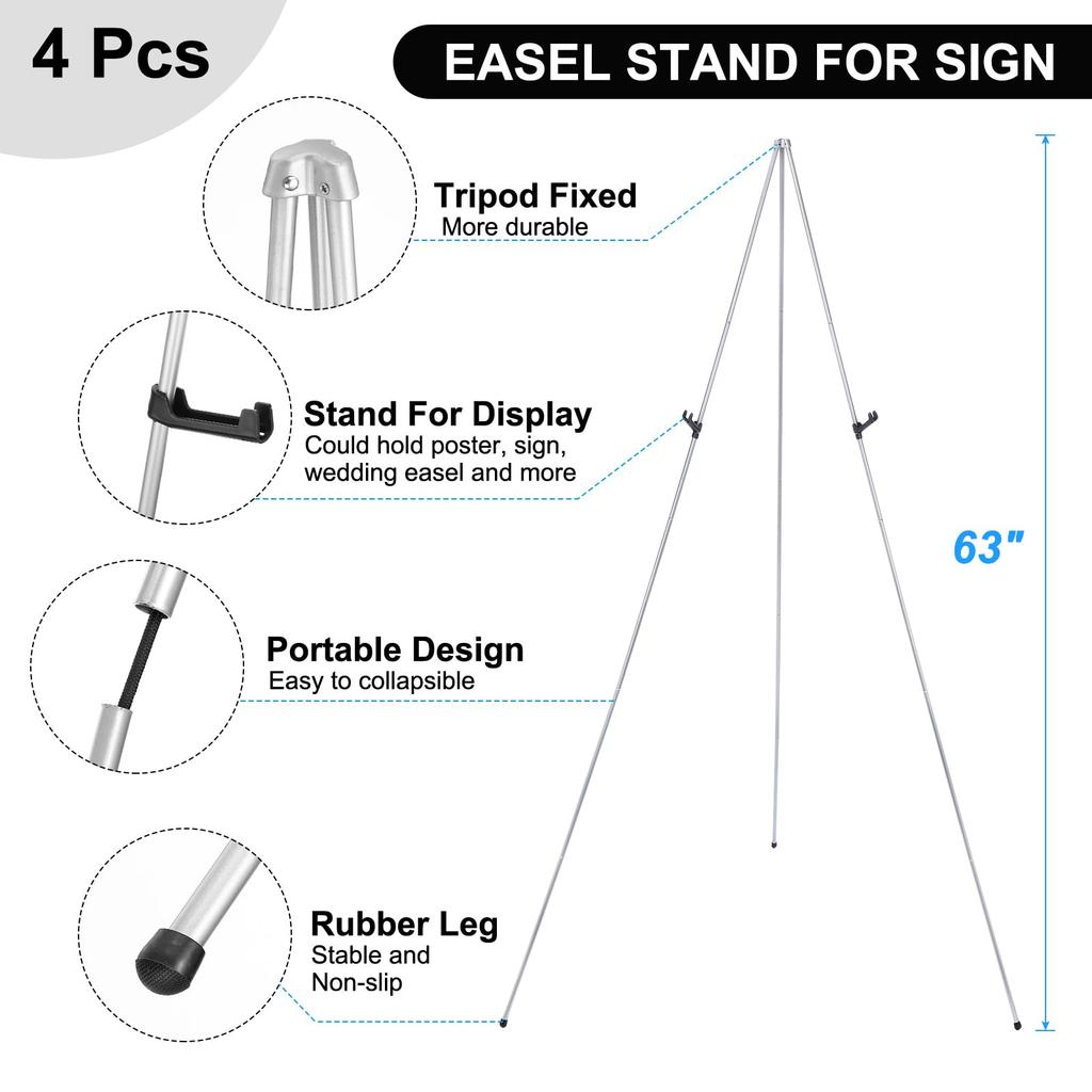 PATIKIL Sign Easel 4 Pieces Foldable Poster Holder Foldable Presentation Floor Easel for Wedding Sign Poster and Photo Silver Stand, Stand, Display,