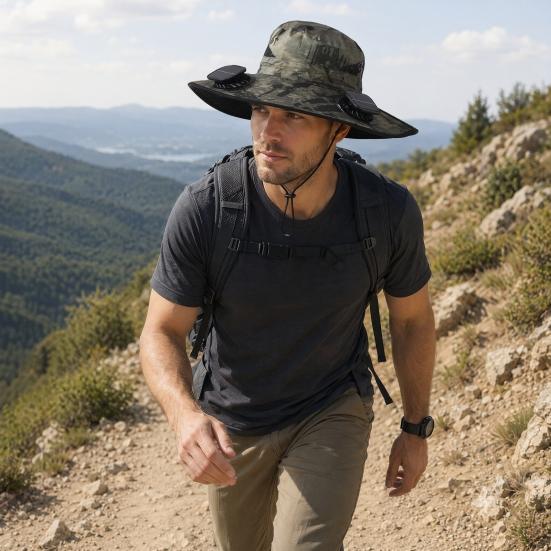 Wide-Brimmed Fan Hat with Solar USB Dual Fans Powered