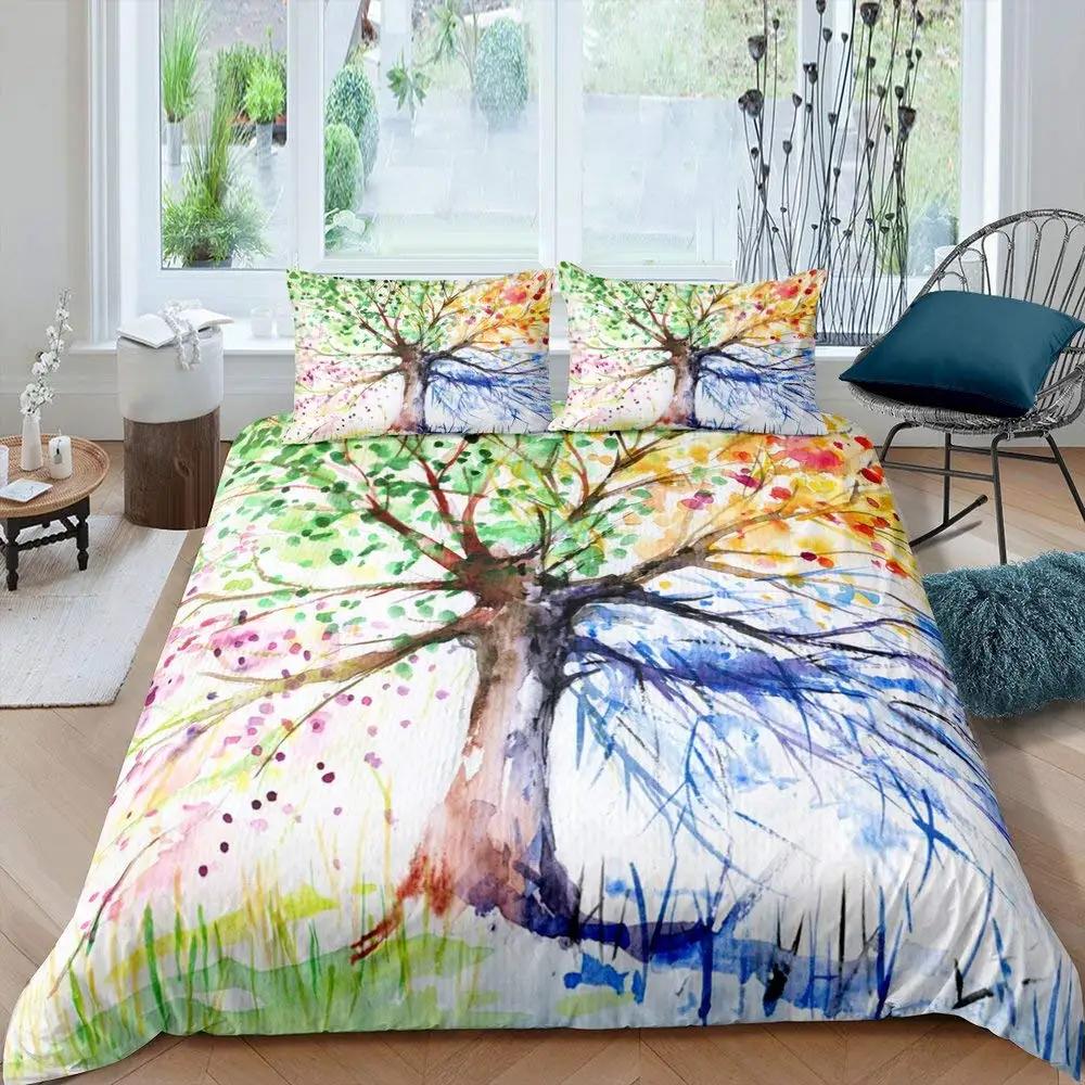 Tree Of Life Duvet Cover Set Natural Scenery Bedding Sets Teen Adult Botanical Comforter Cover Autumn Leaves Quilt Set Full Size