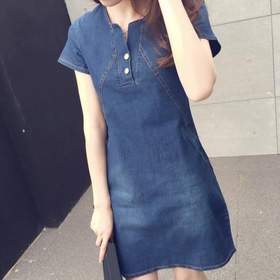 Casual Dress O-neck Short Sleeve Stitching Stylish Women Summer Denim Dress for Daily Wear