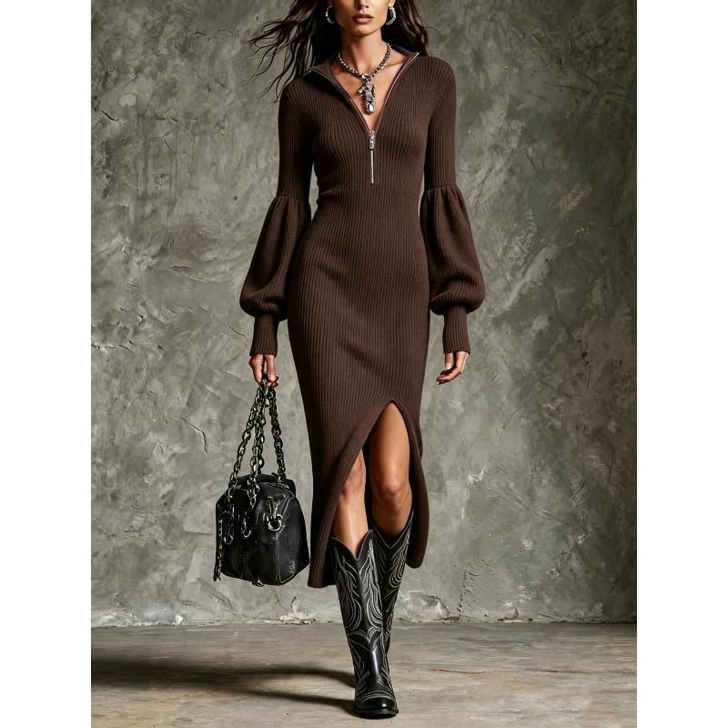 HNXC Women's Long Sleeve V-Neck Fashion Autumn Winter Casual Dresses Classic Exquisite