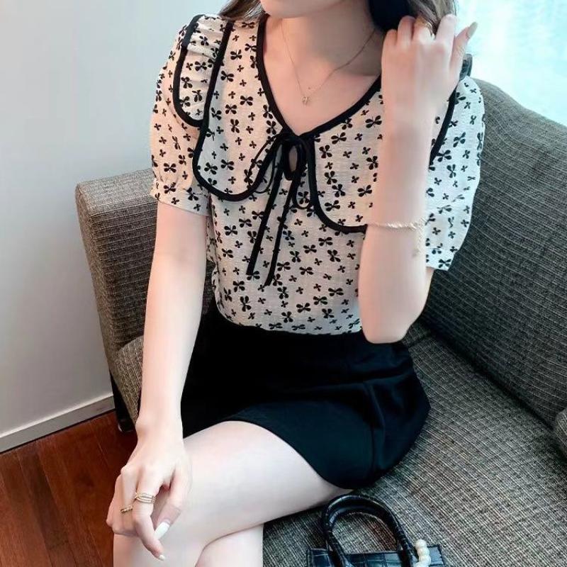 WTEMPO Brand Small Floral Shirts with Matching Doll Collar Summer Ladies' Tops Fashionable and Versatile Lapel Short-sleeved Shirts