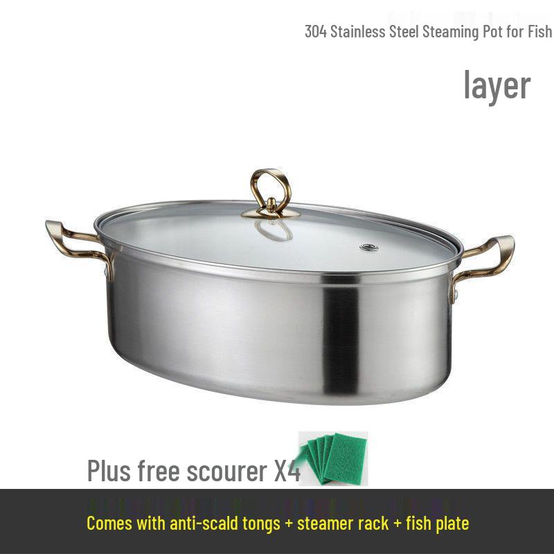 304 Stainless Steel Oval Steamer Pot, 38cm, Large Capacity, Induction Compatible, Multifunctional Steamer Basket for Fish.