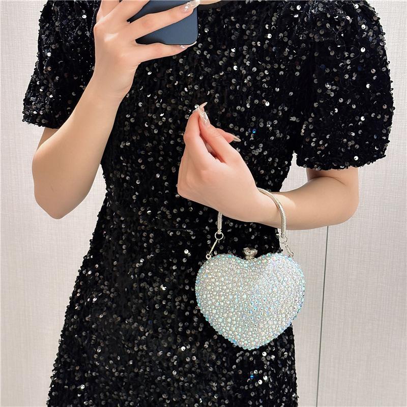 1 Piece Rhinestone Mini Handbags Luxury Diamond Inlay Heart Shape Crystal Clutch Purse Evening Wedding Party Shoulder Bag