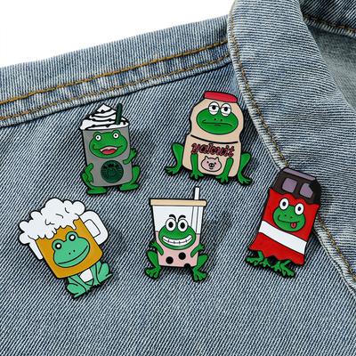 Cartoon Creative Funny Frog Brooch Frog Milk Tea Drink Metal Badge Oil Dripping Alloy Clothes Bag Accessories