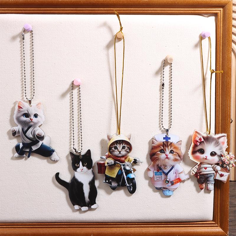 Cartoon 2D Cat Christmas Pendant Cute Animal Acrylic Auto Rearview Mirror Ornament Christmas Ornaments Pendant Decor Gift