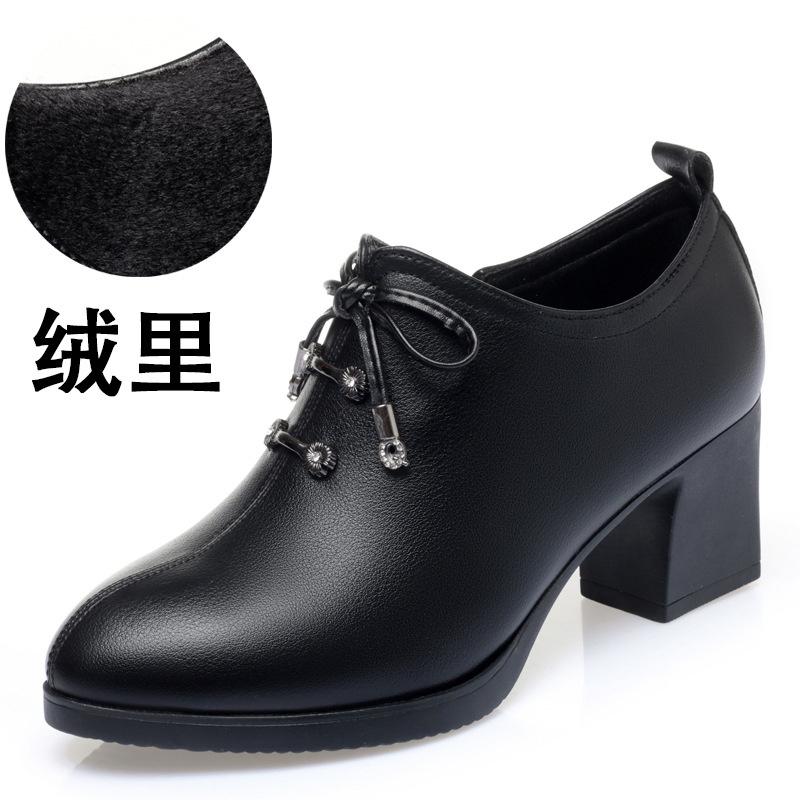Women Spring Autumn New Fashion Lace Soft Leather Platform Pumps Korean Style Casual Waterproof Pointed Toe Single Shoes