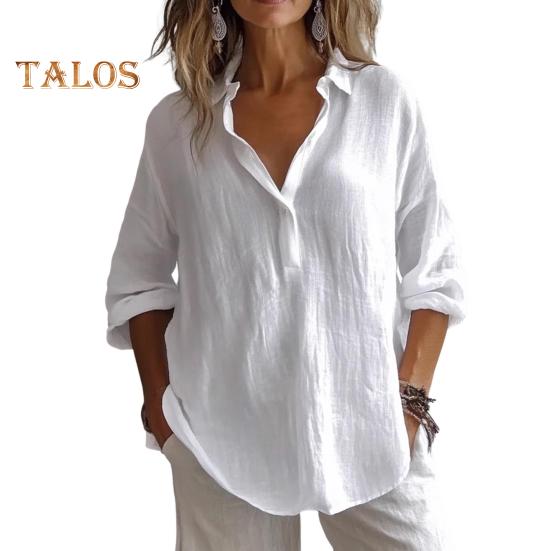 

Женская рубашка с V-образным вырезом и рукавом 3/4, однотонный свободный крой, легкая дышащая повседневная блузка на каждый день L белый