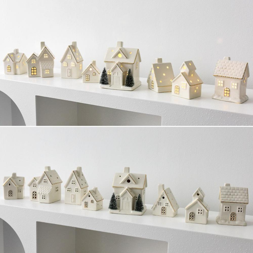 LED Light Up Porcelain Village House White Tabletop Ornaments New House Figurines  Winter Decor