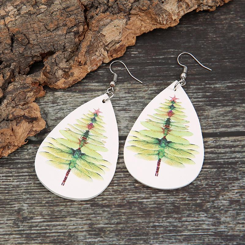 European & American Creative Christmas Tree PU Earrings with Double-Sided Leopard Print