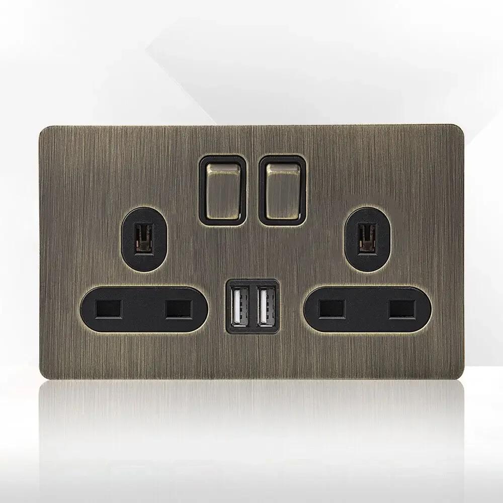 Retro Eu Metal Panel Wall Toggle Light Switch Socket,Bronzed Antique Stainless Steel German 16A Socket with USB Phone Charging