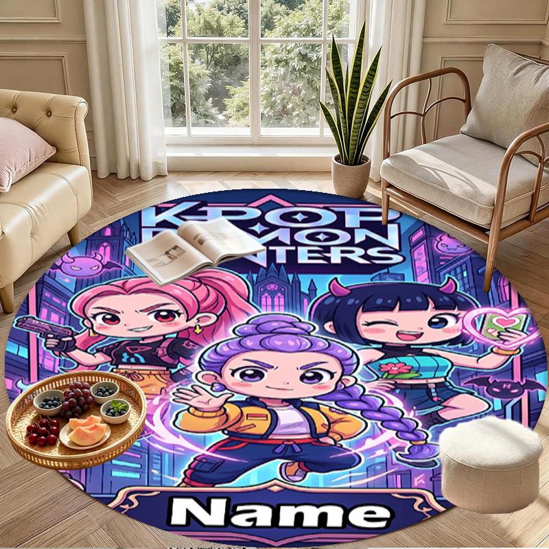 Custom Name Personalized Kpop Demon Hunter Print Round Rug, Versatile Home Decor Carpet, for Playroom, Apartment, Balcony, Entryway, Hallway Gift