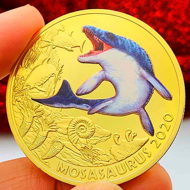 Dinosaur Animal Tyrannosaurus Rex Gold Plated Color Printing Commemorative Medal Creative Craft Gold Coin Velociraptor Children's Gift Coin