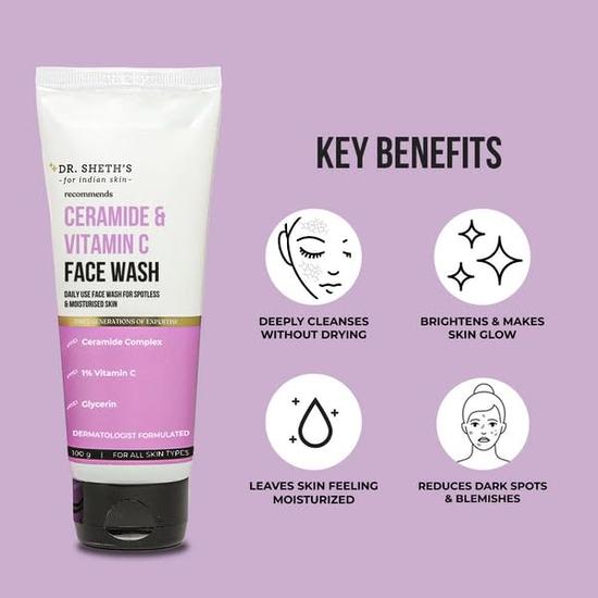 Dr. Sheth's Ceramide & Vitamin C Brightening Face Wash | Gently Cleanses, Hydrates & Reduces Dark Spots | For Normal, Oily | Unisex | 100 mL