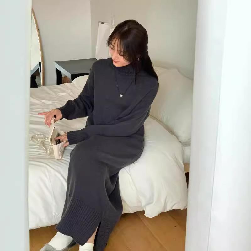 

Новое осенне-зимнее вязаное платье свободного кроя, с большим воротником, темпераментное, ленивое, для базового слоя, свитер для женщин One Size темно-серого