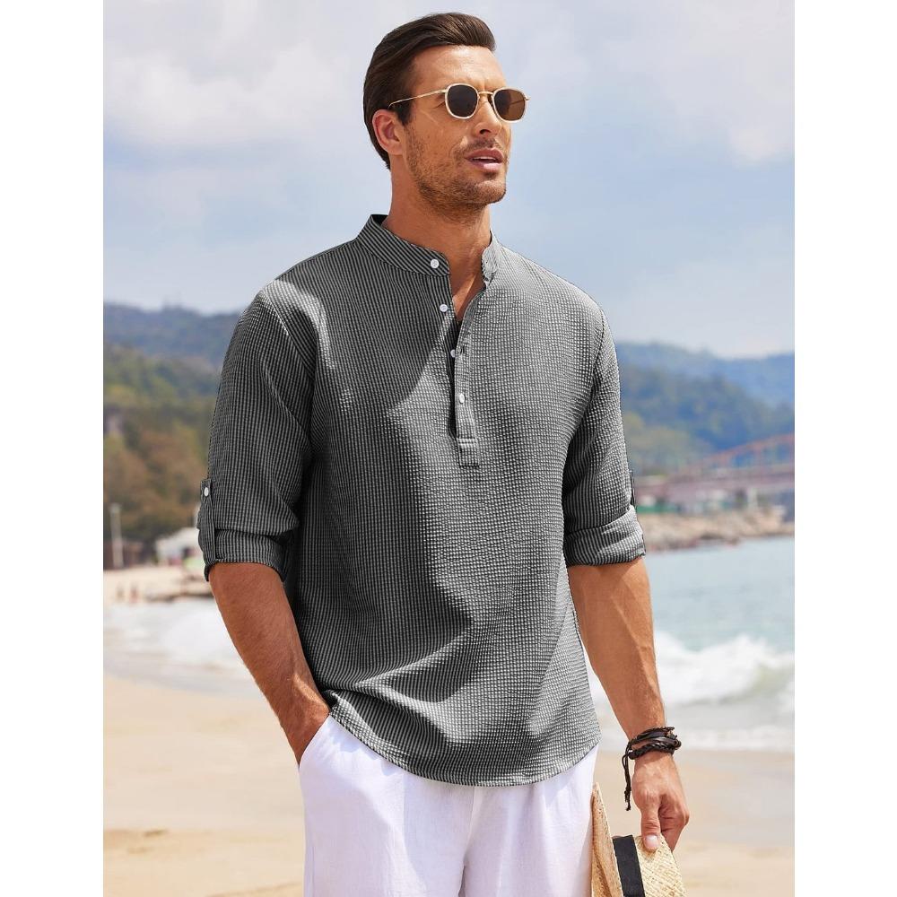 Men's Long Sleeved Stand Up Collar Plaid Casual Shirt
