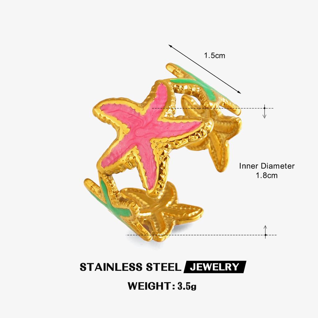 Colorful Dripping Oil Stainless Steel Starfish Rings for Women Men Bohemian Opening Rings Vacation Style Jewelry Accessories