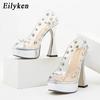 Eilyken Design Rivet Crystal PVC Transparent Women Pumps Open Toed High Heels Sandals Sexy Night Club Wedding Platform Shoes Size 35-41
