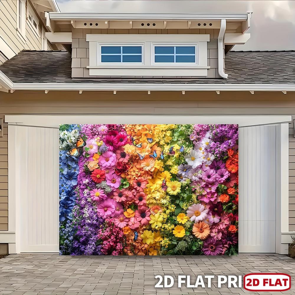 2D plane, vibrant rainbow flower design banner, with background of blooming flowers, suitable for bold and fun events, p