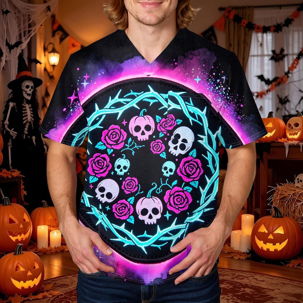 Herren Halloween Print V-Ausschnitt Kasack mit Tasche Kurzarm Uniformhemd