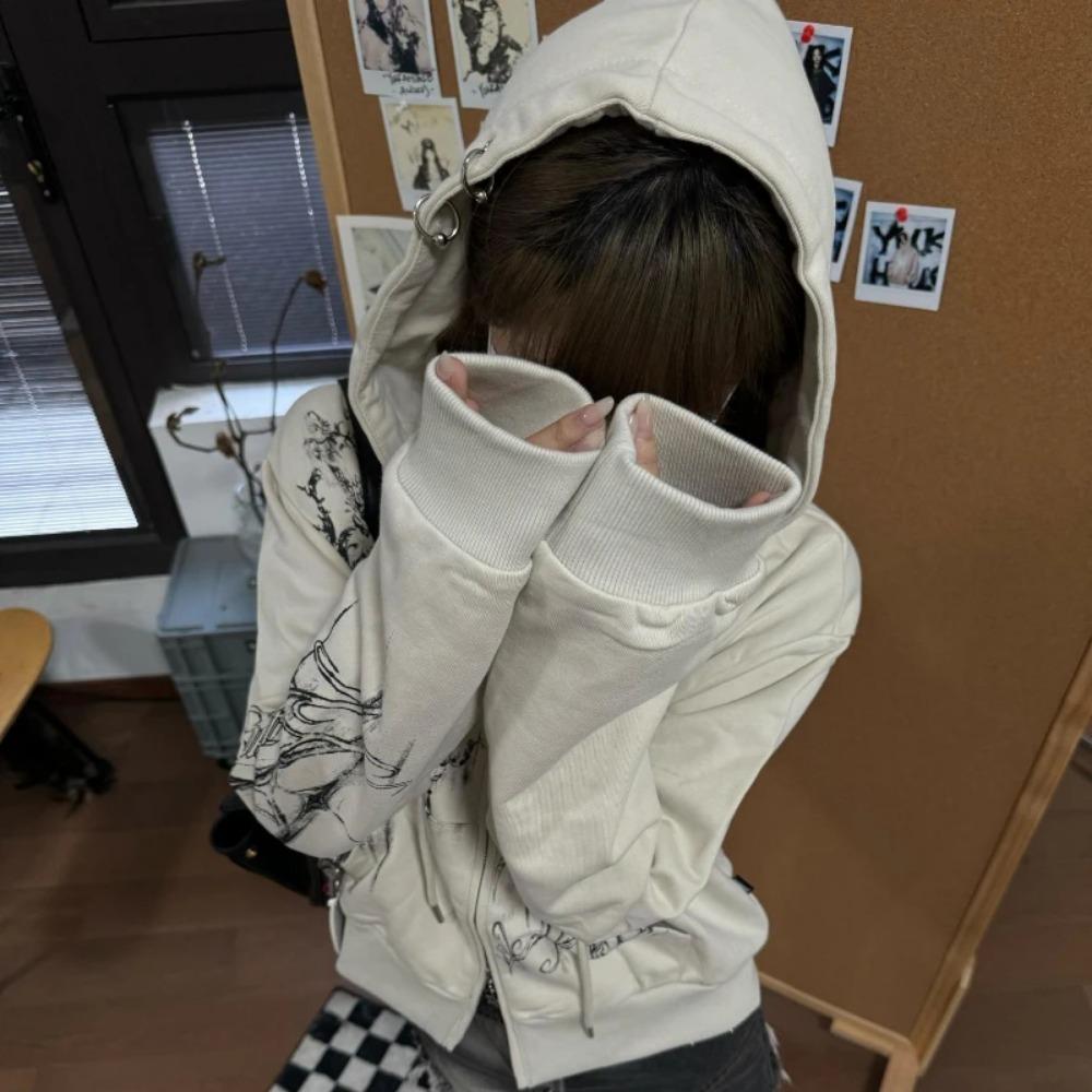 VAYLA Autumn Y2k Aesthetic Cropped Hoodies Women Casual Printing Double Zippers Harajuku Punk Sweatshirt Gothic Fairy Grunge Jackets