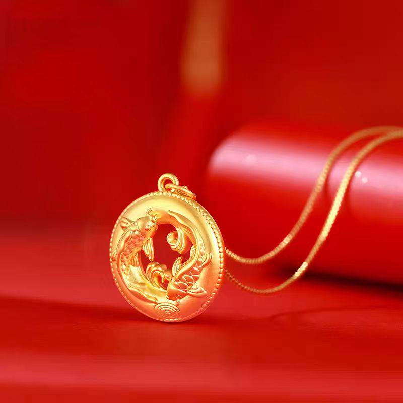 Vietnam Gold Koi Fish Pendant: Unisex Chinese-Style Peace Buckle Necklace