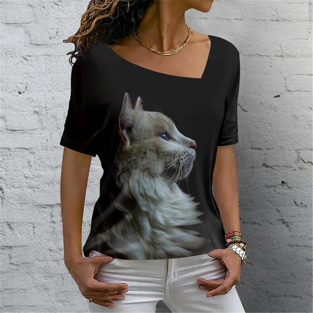 Sexy Scollo Obliquo Gatto Carino Stampa 3D Versatile T-shirt da Donna Vintage Harajuku Manica Corta Estiva Casual Abbigliamento Femminile